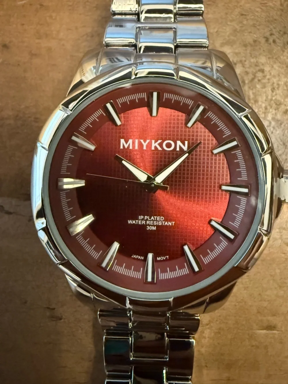 Miykon Men's Silver Quartz Dress Watch - Red Dial, Water Resistant 30M
